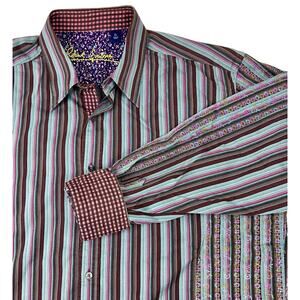 Robert Graham Striped L/S Shirt‎ Men’s Size XL Embroidered Flowers Flip Cuff